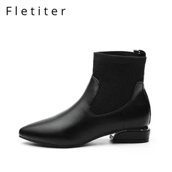 

Latest Chelsea Boot Women Ankle Booties Spring Boots Genuine Leather Women's Low Square Heel Shoes Female Footwear Fletiter