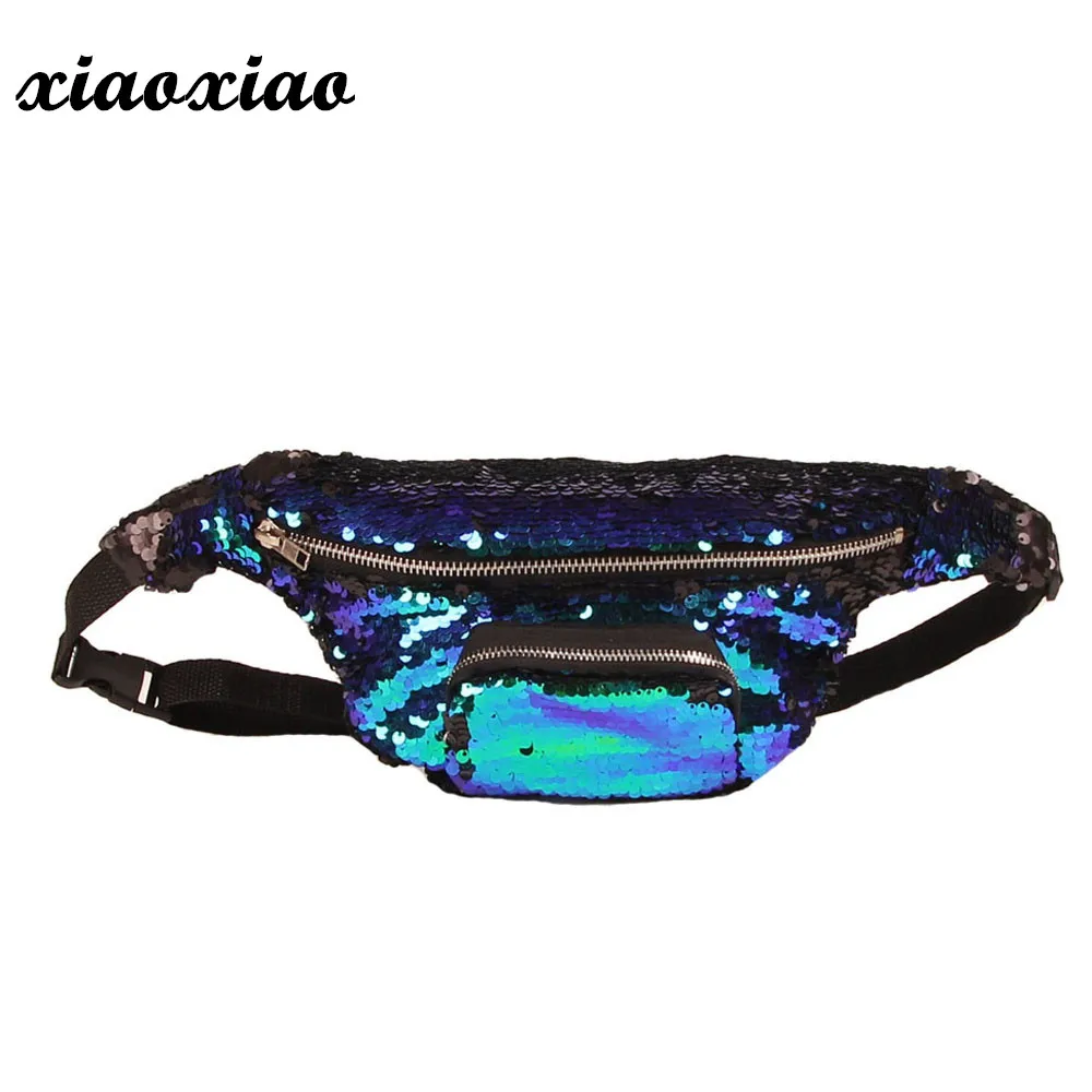 

Xiaoxiao 2018 New Arrival High Quality Double Color Sequins Waist Bag Money Phone Travel Handy Fanny Multi-function Waist Pack B