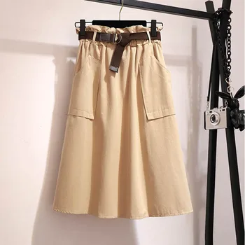 

OHRYIYIE Korean Fashion Midi Long Skirts 2020 Summer Women Knee-length Skirts With Sashes Pockets Female Casual Sun School Skirt