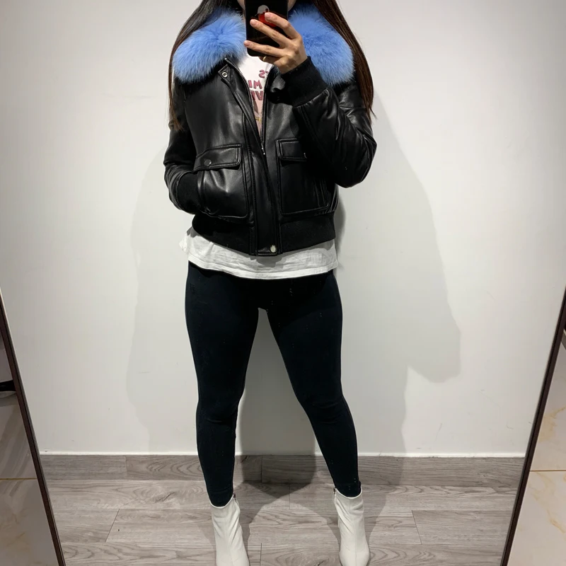 

women genuine leather jacket lady fox fur collar fashion real leather jacket