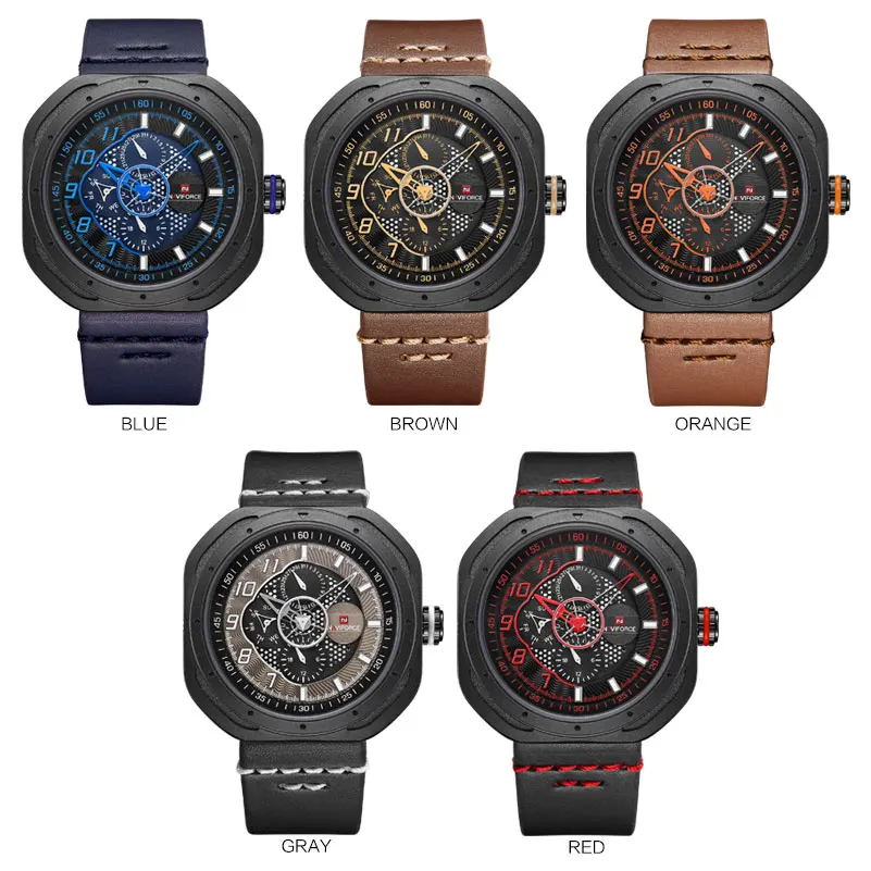 NAVIFORCE мужские спортивные часы кожаные креативные Аналоговые кварцевые наручные