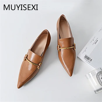 

Superstar Genuine Leather Pointed Toe with Metal 5 cm High Heels Women Pumps Runway Elegant Office Shoes plus size PL08 MUYISEXI