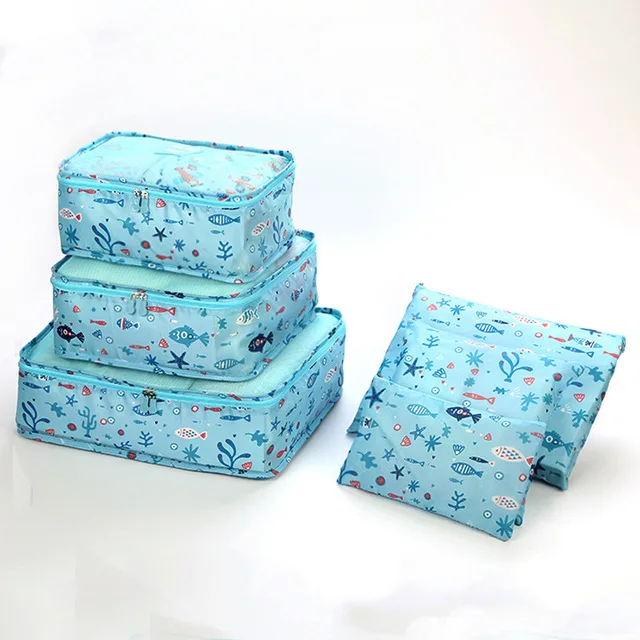 6 шт./компл. Чемодан Органайзер дорожная сумка чемодан для хранения сумки сетки Упаковка Кубики одежда косметическая сумка для хранения нижнего белья, аксессуары для путешествий - Цвет: Blue fish