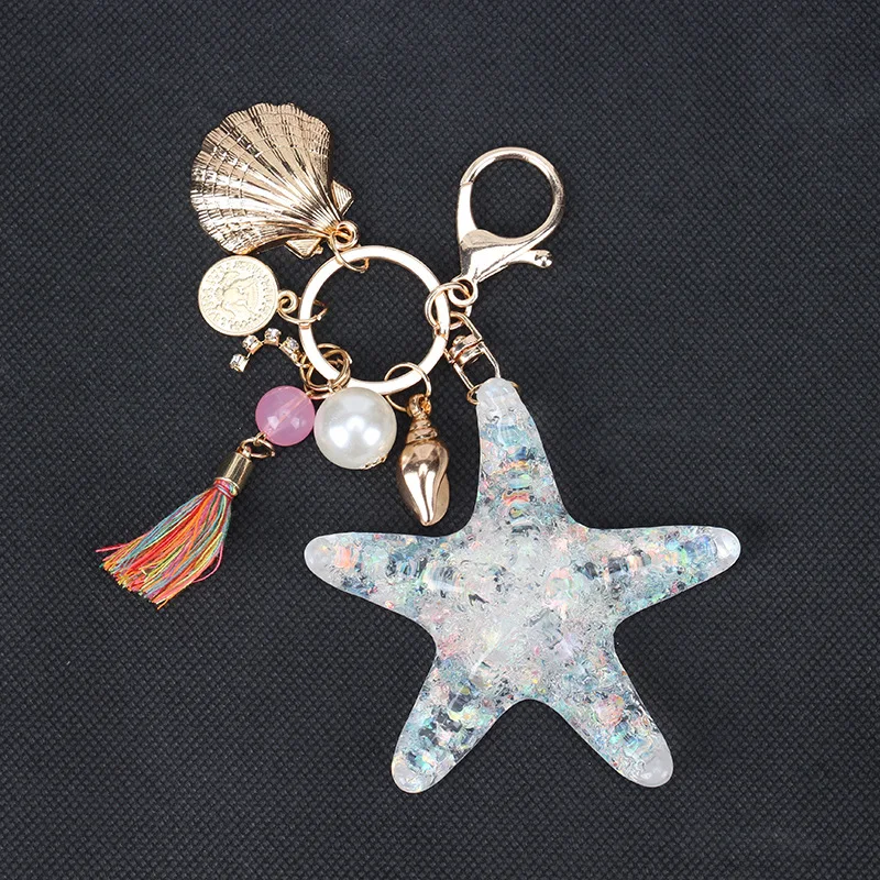 

New Fancy&Fantasy Hot New Cartoon Key Chain Sea World Starfish Pearl Shell Keychain KeyRing Crystal Pendant Keychain Women Gift