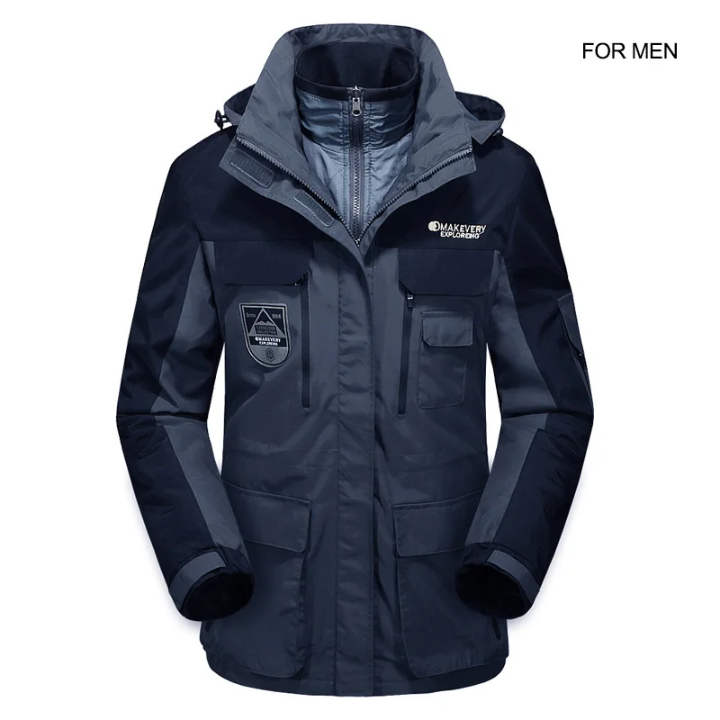 Зимняя ветрозащитная водонепроницаемая куртка для мужчин размера плюс 4XL флисовая куртка пальто для мужчин и женщин зимняя куртка для кемпинга брендовая одежда - Цвет: men dark blue