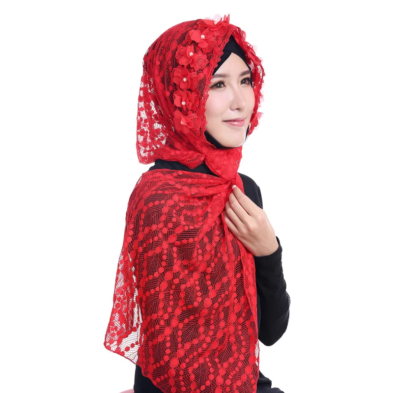 

Arab Hijabs Muslim Womens Pearls Decor Hollow-out DIY Lace Scarf