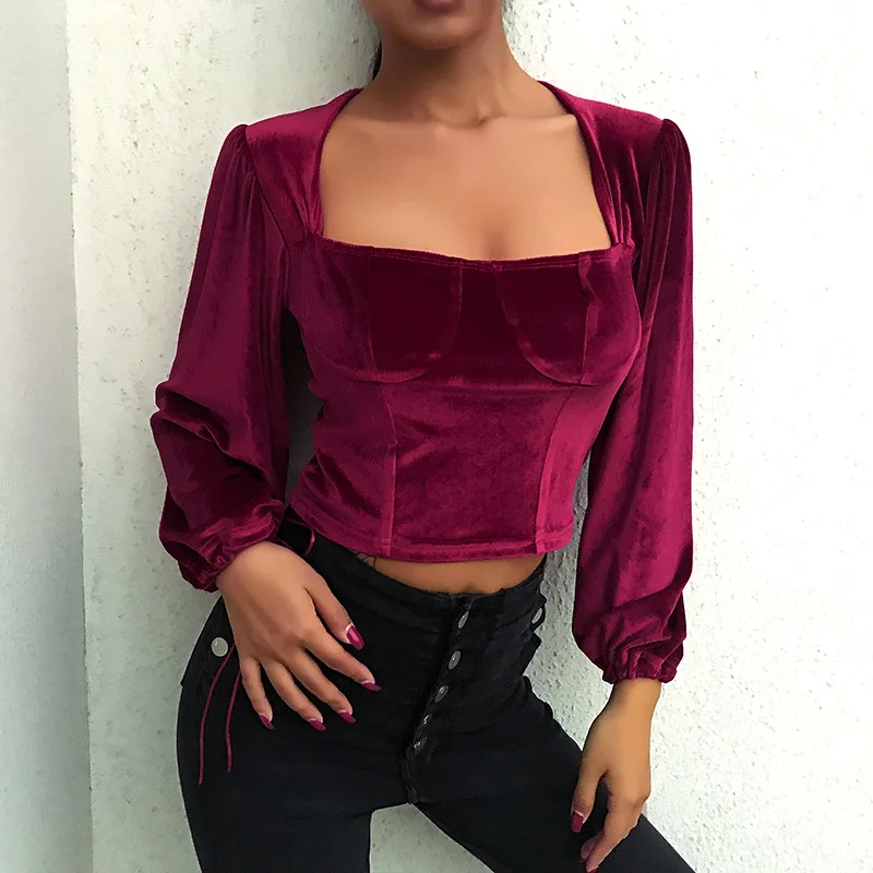 Helisopus المخملية خمر المحاصيل أعلى المرأة الخريف بلون طويل كم T قميص عارضة الشارع الشهير أعلى المحملات