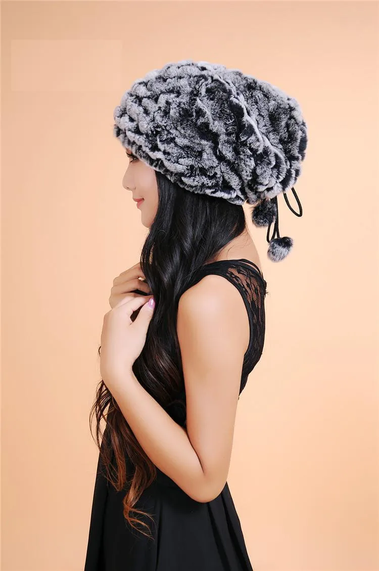 

women Natural fur hat for winter knitted caps of natural rex rabbit fur baggy hats white brown gray color beanies H106