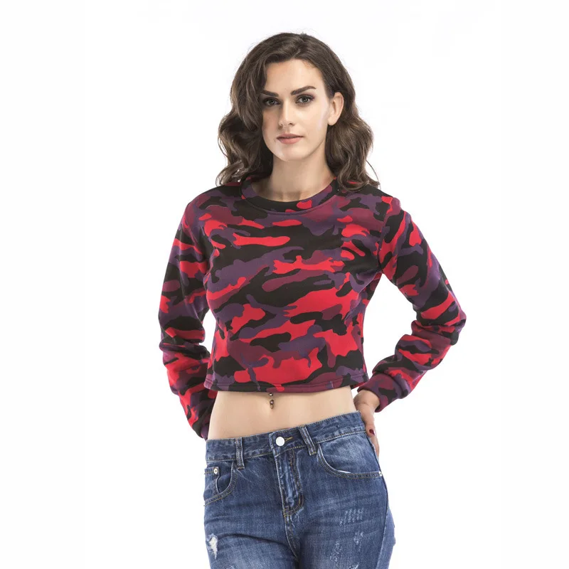 CAMO Blouse Women Fashion Crop Tops Tee Shirts Camouflage Long Sleeve