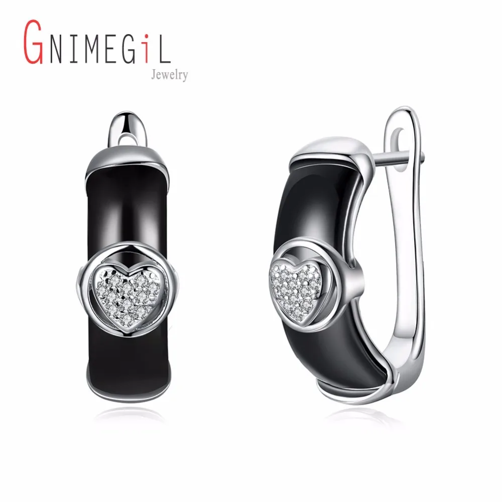 

GNIMEGIL 2017 Fashion 925 Sterling Silver Women Smooth Black Ceramics stud Earrings ,Unique Earrings For Women Fine Jewelry Gift
