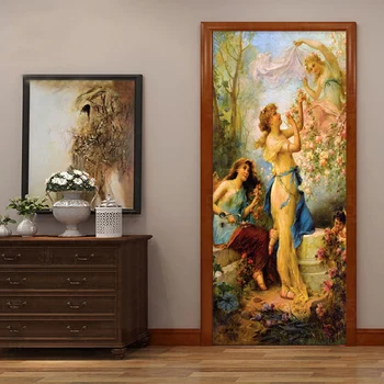 

European Style Retro Figure Oil Painting Door Sticker 3D Wallpaper Living Room Bedroom Home Decor PVC Waterproof Mural Stickers