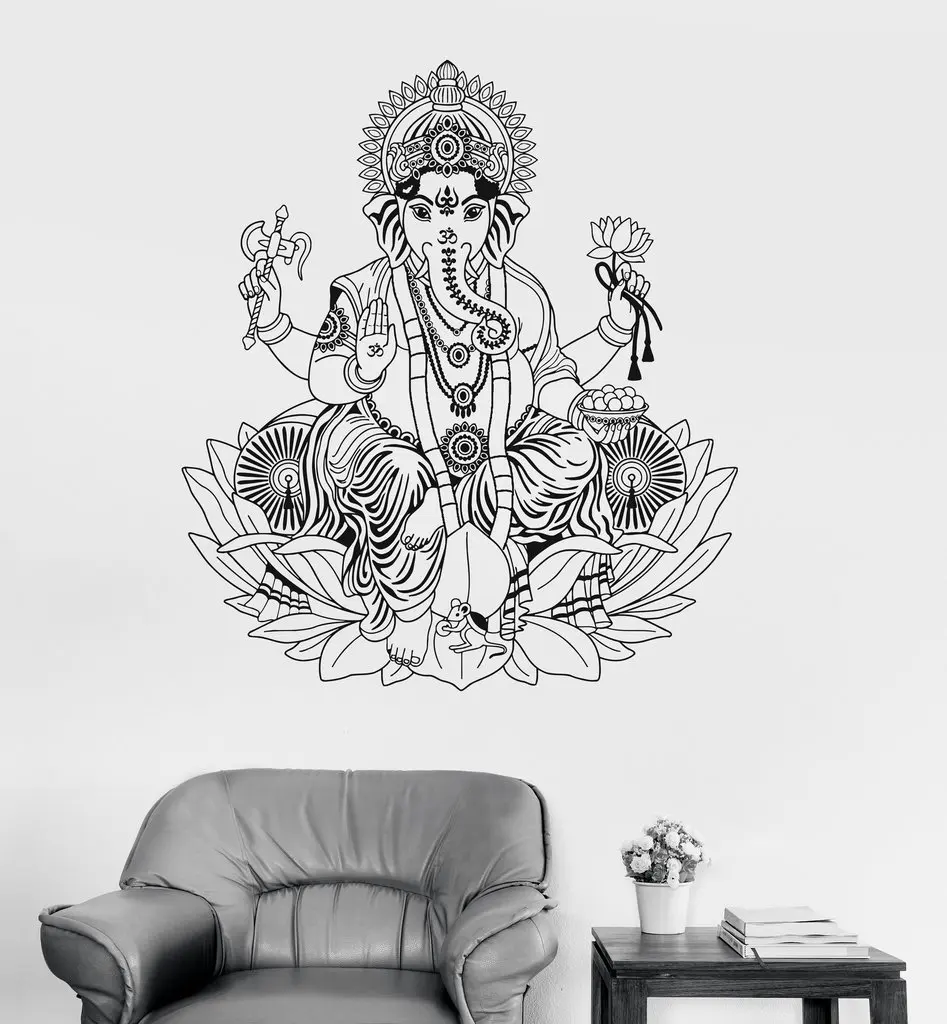 Виниловая наклейка на стену Ганеша Лотос индуизм Бог индийский декор наклейки на стену в виде слона домашний Декор Гостиная A418