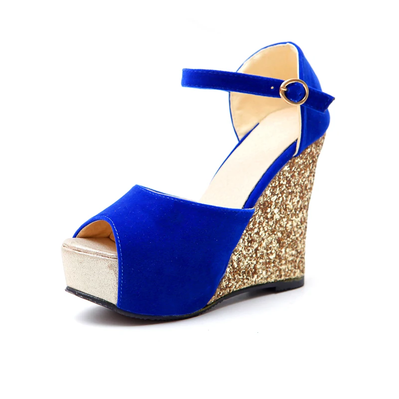

Free shipping 2015 fashion sexy high heel wedges women pumps open toe glitter platform wedges sandals party prom shoes