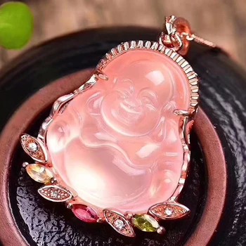 

Dropshipping Natural Pink Crystal Laughing Buddha Pendant Mosaic Clavicle Chain Necklace Simple Female models Fashion Jewelry