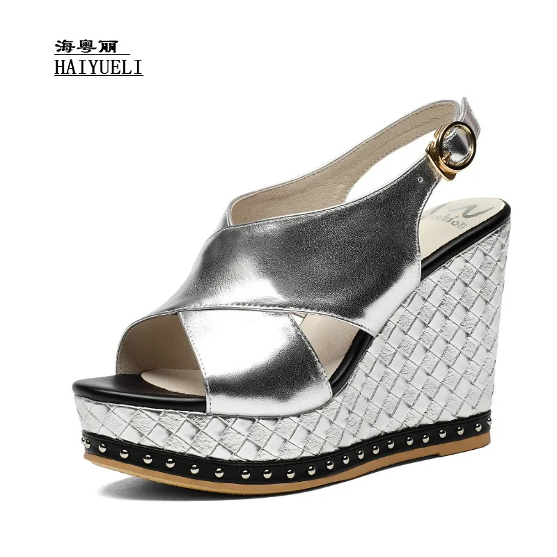 

Top Product Women Shoes Genuine Leather Pure Handmade Fish Head High Heels Wedge Sandals Rivet Platform Shoes