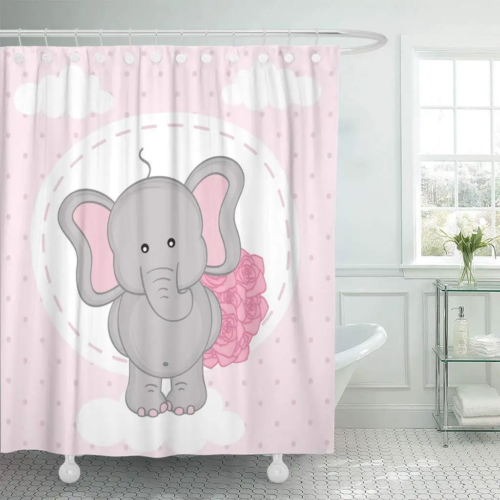 

Shower Curtain with Hooks Cute Elephant with Bouquet of Roses on Cloud Day Valentine Amour Animal Bathroom Curtains
