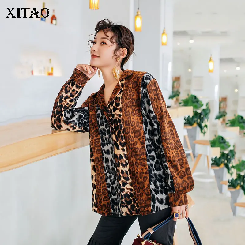 

XITAO Vintage Match All Leopard Shirt Patchwork Women Clothes 2019 V Neck Full Sleeve Eleant Blouse Top Fashion Autumn WLD2237