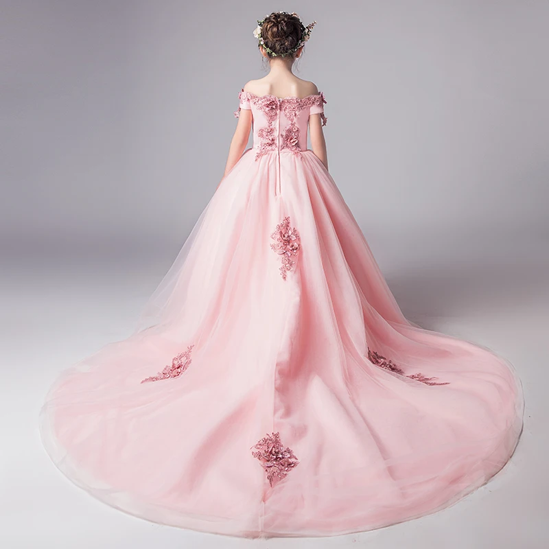 

Appliques Kids Girls Flower Dress Shoulderless Birthday Party Gowns Long Trailing Children Princess Ball Gown Wedding Clothes147