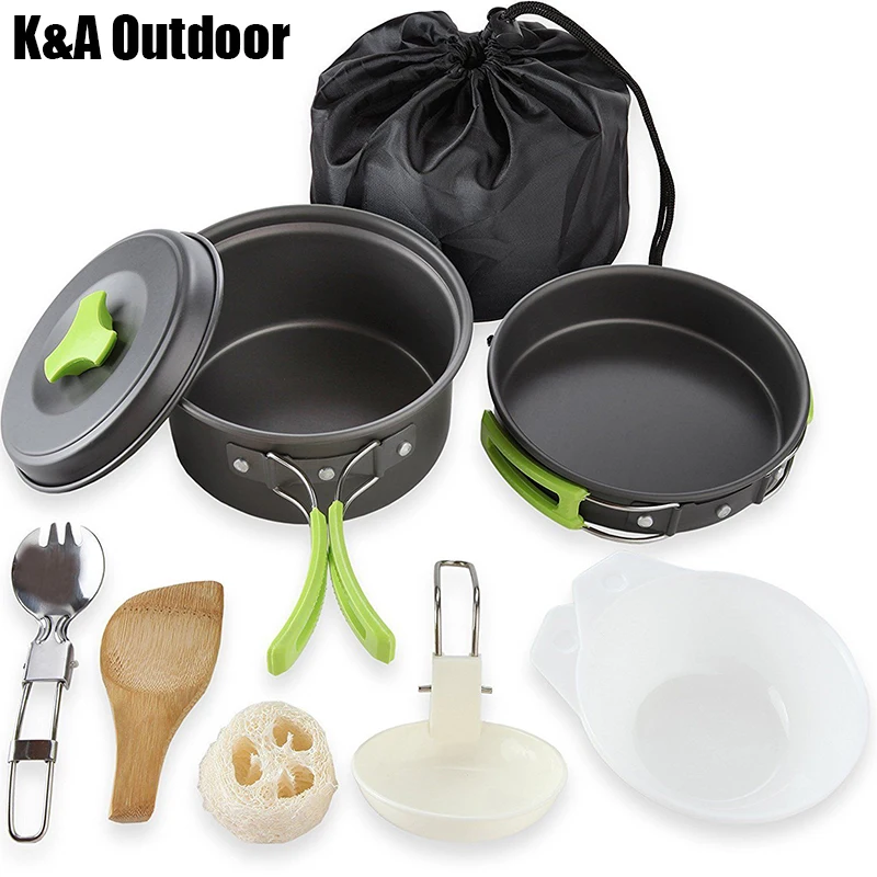 

K&A Outdoor 10Pcs Camping Cookware Pot Frying Pan Bowls Spoon Mess Kit Cook Set Camp Cooking Kit Outdoor Hiking Picnic Kit Gear