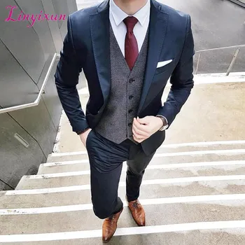 

Linyixun Navy blue man suit for business satin custom slim fit wedding male man classic jacket blazer hombre casual tuxedos 3 p