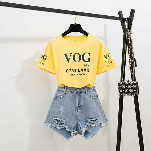 yellow set Летние шорты slletter футболка с набивным рисунком+ рваные короткие джинсы с Эфектом поношенности комплект из 2 частей Повседневная футболка костюм для молодежи; женские модные стильные - Цвет: yellow set