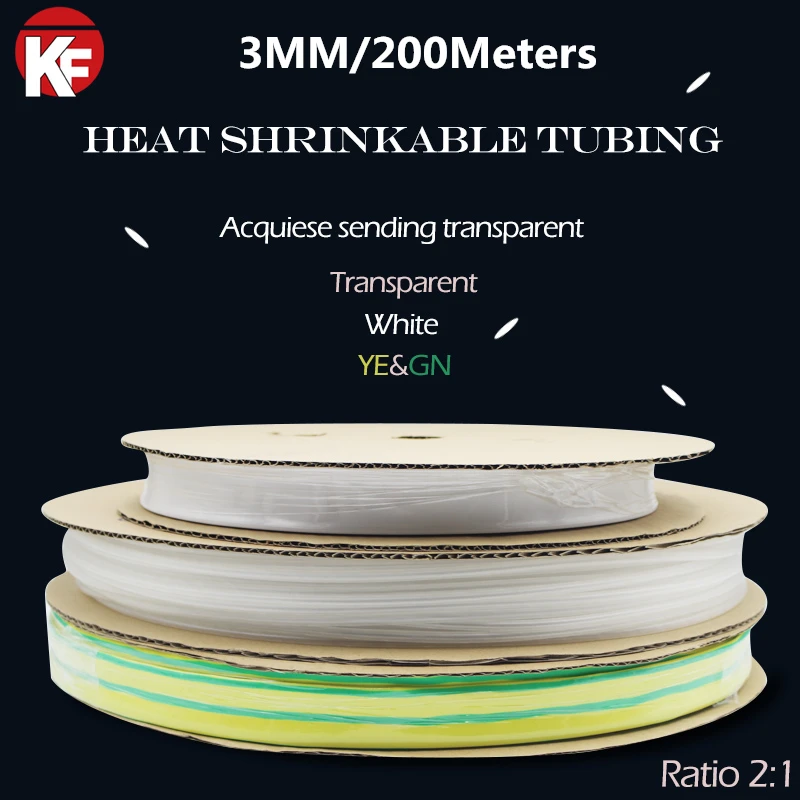(200Meters/lot) 3MM Inner Diameter White/YE&ampGN/Transparent Clear Heat Shrink Tubes Shrinkable Tubing Insulation Cable Sleeve |