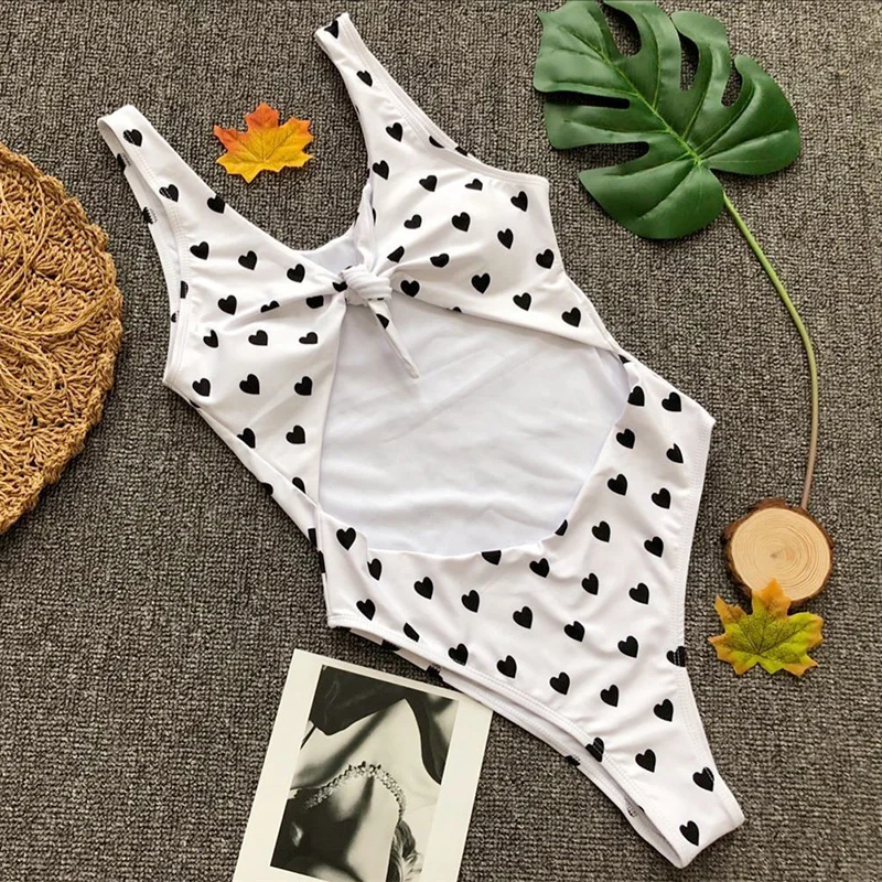 

Black Small Heart Print Women One Piece Swimsuit New Hollow Navel Exposed Summer Sexy Bodysuits Bow Bandage Hot Bathing Suit C52