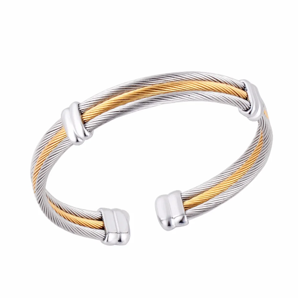 

Stainless Steel Jewelry Fashion Women Quality 2 Tone Cuff Bangle Casual 3 Rows Cable Stretch Wire Bracelet Dropship
