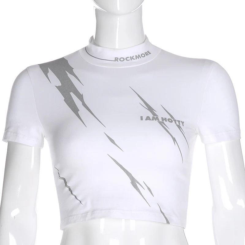 Белая Светоотражающая облегающая футболка Weekeep, женская трикотажная футболка с круглым вырезом, коротким рукавом и принтом, сексуальная уличная футболка, женские топы