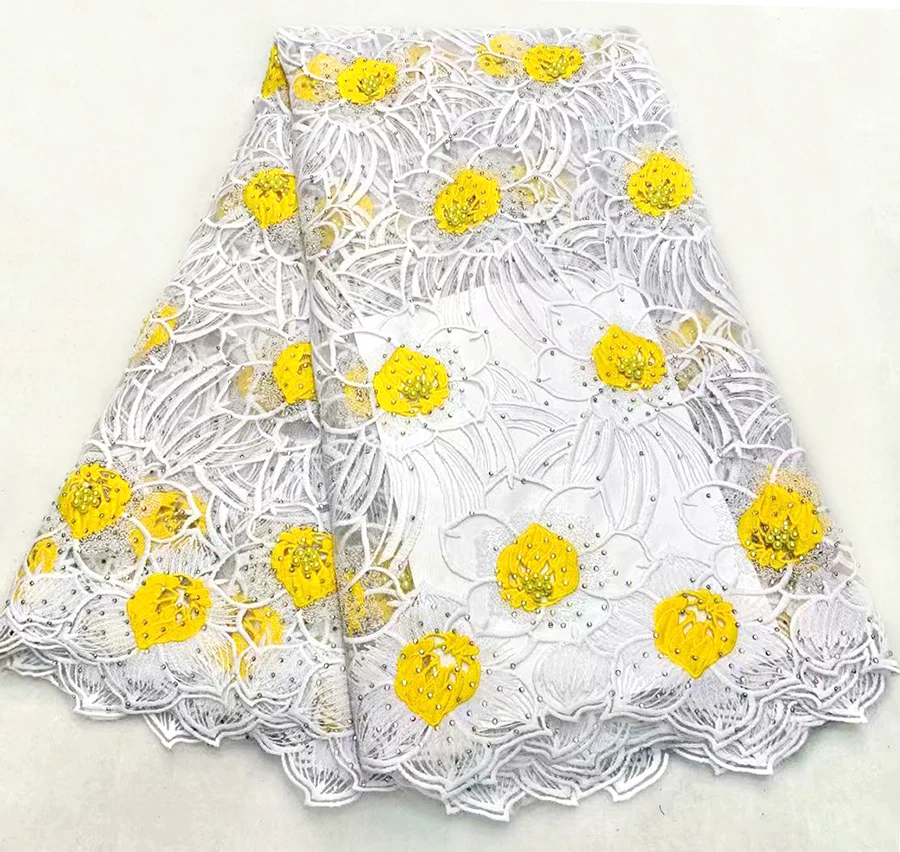 

African Rhinestones Lace Fabric 2018 Embroidered Nigerian Laces Fabric Bridal High Quality Yellow French Tulle Lace Fabric