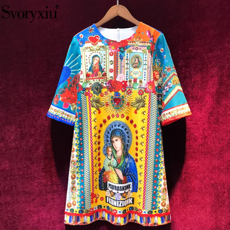 

Svoryxiu Runway Summer Vintage Madonna Flower Print Short Dress Women Half Sleeve Crystal Beading luxury Party Loose Dresses