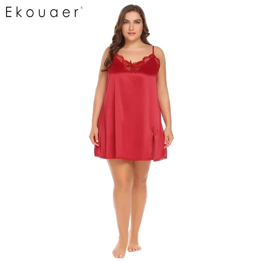 

Ekouaer Plus Size Satin Chemise Nightgown Sexy Sleepwear Dress Women Lace Trim V-Neck Babydoll Split Nightdress Female Nightwear