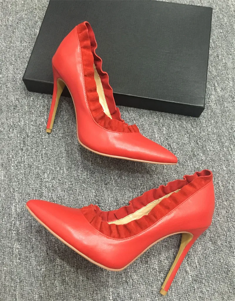 Volantes black Tacones Negro Vestir Boda Bombas Rojo Punta Delgada Mujer Plisado De red Cuero Zapatos Black Banquete Suede Real Leather AwTAqr
