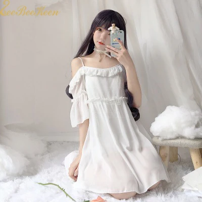 

Adult White Sweet Lolita Dress Sling Dress Lace Bow Cosplay Costume Female Summer Suit Chiffon Lolita Women Skirt For Girls