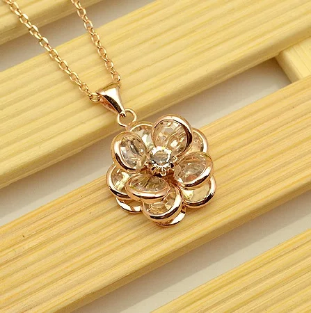 

432 USTAR Fashion Flower Pendants Crystals Gold color chain Necklace for women wedding Party Jewelry