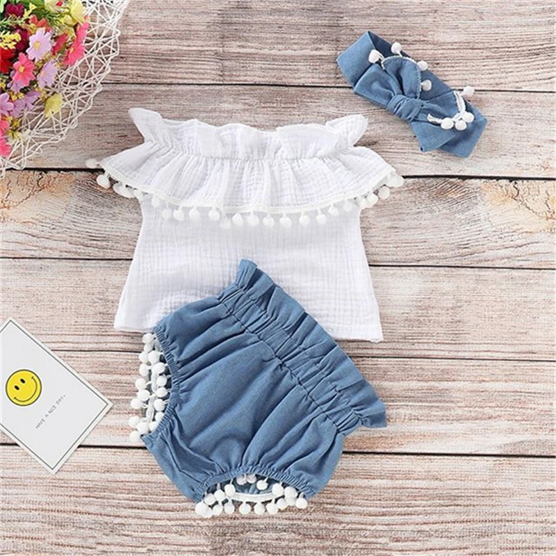 

3Pcs Baby Girl Clothes Tassel Off Shoulder Tops+Short+Headband Newborn Clothes Off Shoulder Summer Outfit Set Infant Clothing