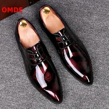 OMDE Pointed Toe Leather Shoes Men Patent Leather Lace-up Dress Shoes Handmade Formal Shoes Brogue Men's Wedding Shoes