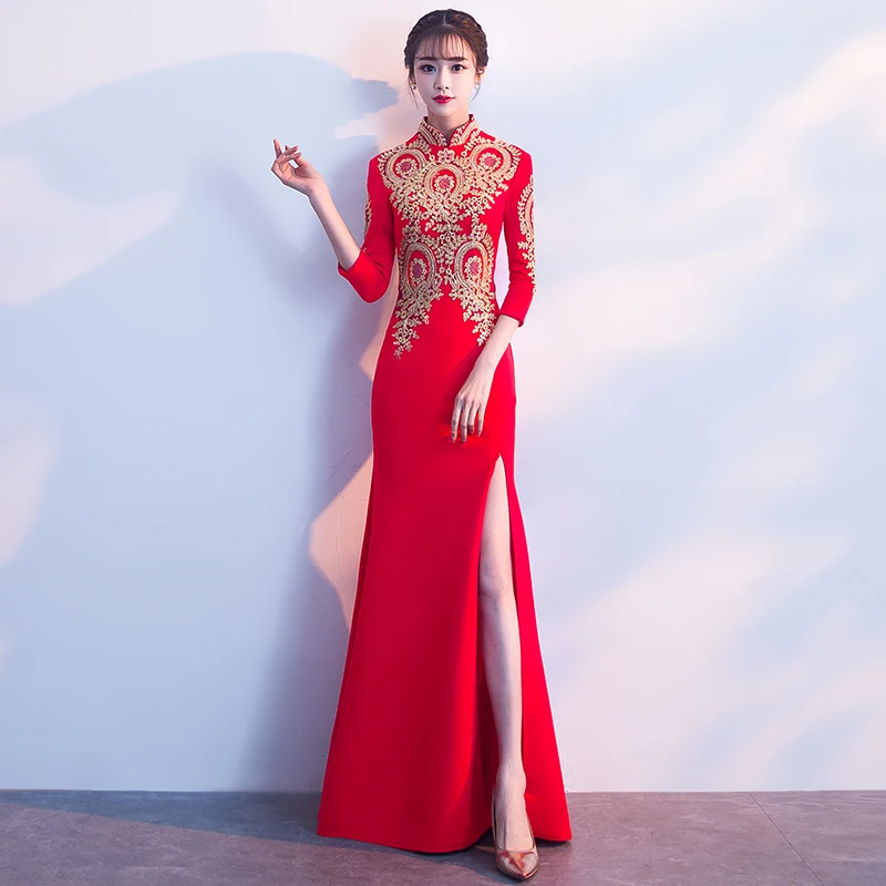 Современное китайское свадебное платье, черное, Cheongsam, Сексуальные Восточные воротники, традиционное вечернее платье, Qipao, длинное, с вышивкой, Vestido Chino