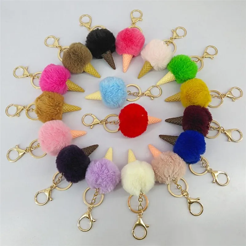 

Fur Pom Pom Soft Faux Rabbit Fur Ice Cream Gold Keychain Pendant Key Ring for Women Handbag Accessory Gift Llaveros Chaveiros