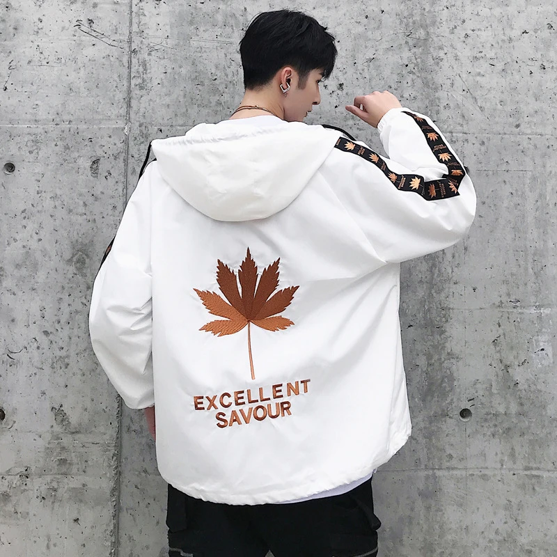 Maple Leaf Embroidery Jackets Men Hip Hop Hooded Coat 2019 Spring Mens Streetwear Embroidered Jackets for Male Q0342