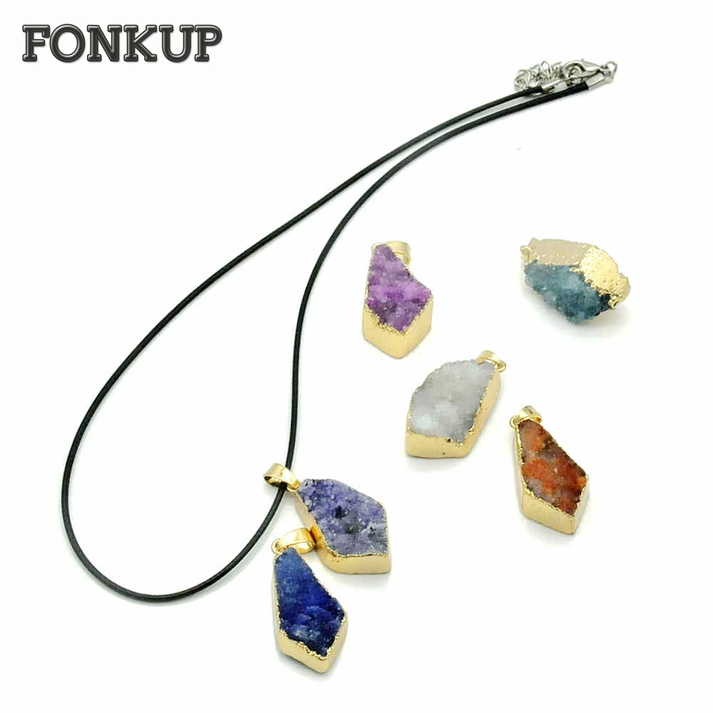 

Forkup Purple Crystal Charm Geode Clusters Jewelry Gold Plated Pendant Solitaire Necklace Colourful Diy Women Choker Custom Gift