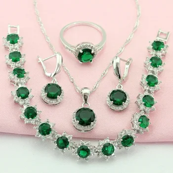 

WPAIKYS Green Created Emerald Silver Plated Jewelry Sets For Women Pretty Earrings Bracelet Necklace Pendant Ring Free Gift Box