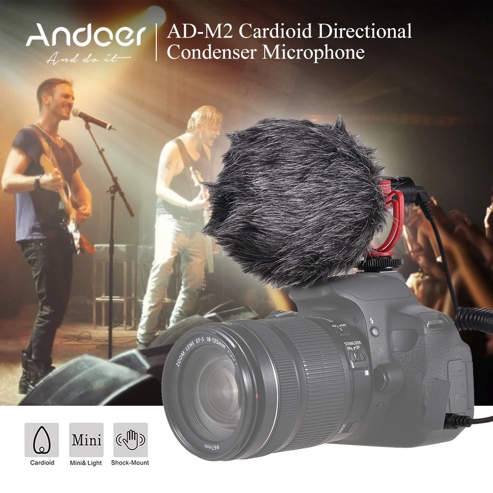 Andoer AD-M2 Кардиоидная направленность конденсаторный микрофон металлическая конструкция видео Mic 3,5 мм разъем для Canon DSLR камера смартфон
