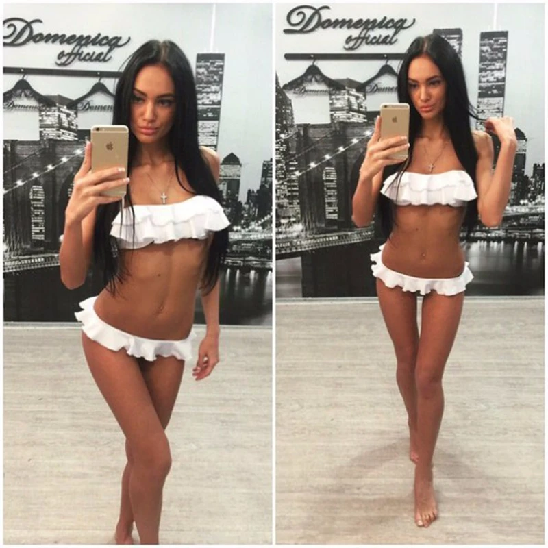 2017 Women Push Up Bikini Set Sexy Pleated Ruffle Biquini Brasileiro Bandeau Halter Swimsuits Female Flounced Low Waist Swimwear