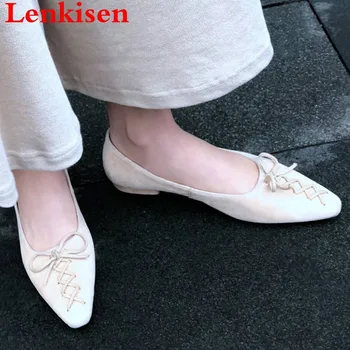 

Lenkisen British style bowtie natural leather low heels ballet shoes loafers bowtie gentlewomen pumps square toe daily shoes L10