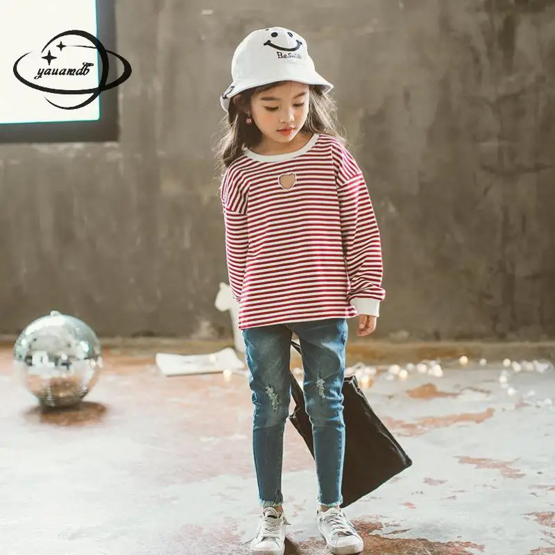 

YAUAMDB kids jeans 2018 spring autumn 4-11Y cotton girls boys Trousers clothing drawstring skinny casual children clothes Y46