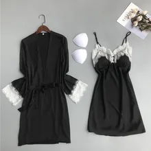 Атласный халат и платье, комплект, Женская Сексуальная кружевная бейка, халат и ночное платье, 2 предмета, пижама, шелковая Роскошная Пижама Ночные рубашки, домашняя одежда