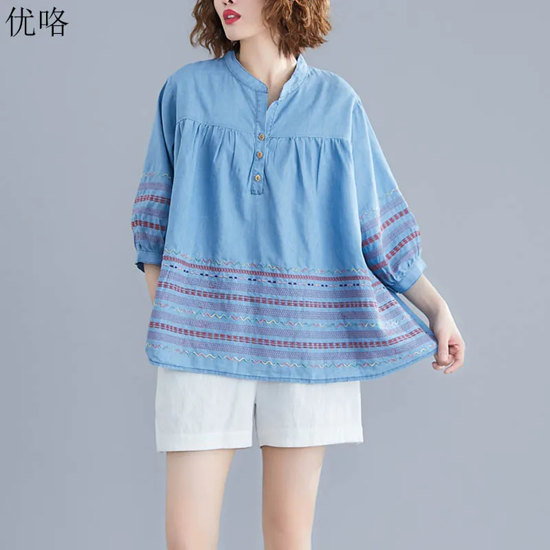 

Vintage Plus Size Standing Collar Shirt Women Korean Elegant Striped Embroidered Loose Shirts Large Size Denim Blue Blouse 5XL