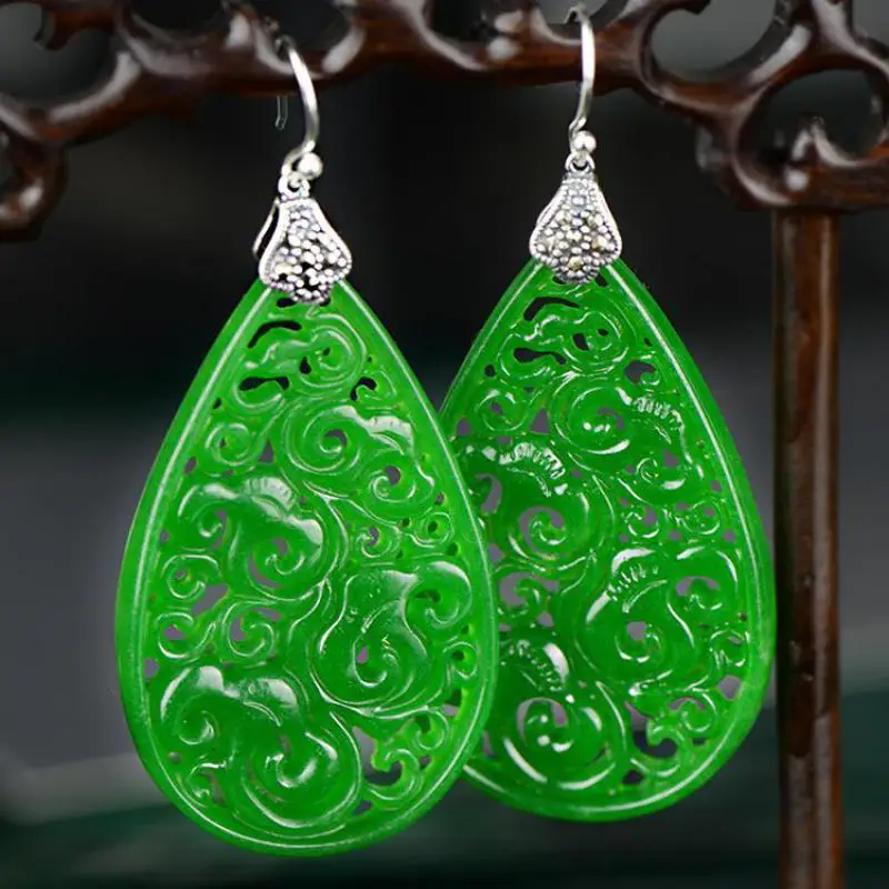 Натуральный зеленый нефрит серьги для женщин Настоящее 925 пробы серебряные ювелирные изделия полые цветы дизайн в форме капли воды