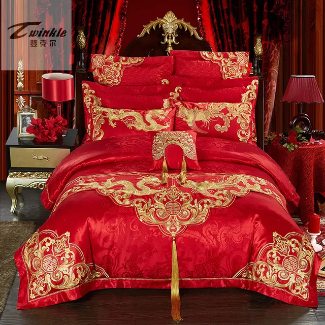 Best Offers Twinkle 10 pcs oriental lace luxury king size bedding set red pink stain wedding bed cotton bed spread duvet cover set